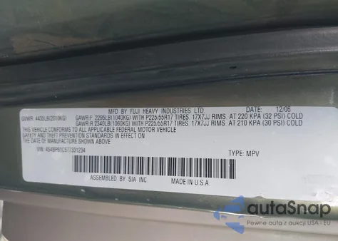 2007 Subaru Outback 2.5I z USA, uszkodzony, nr VIN 4S4BP61C577331234